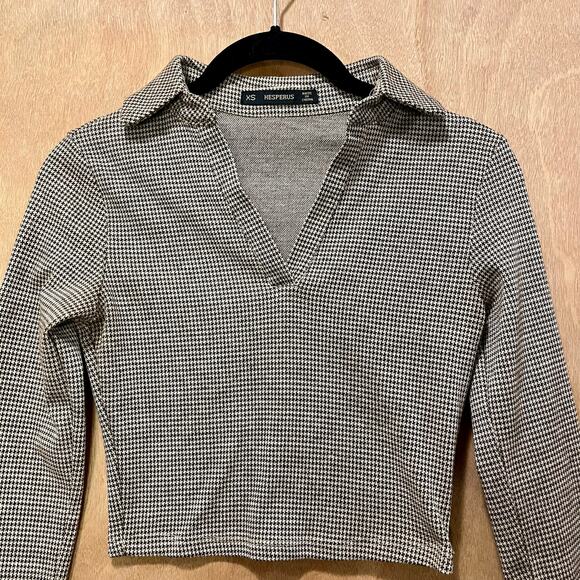 Hesperus Crop Top Women’s Size XS Collared Houndstooth Long Sleeve Brown Tan - Picture 1 of 9